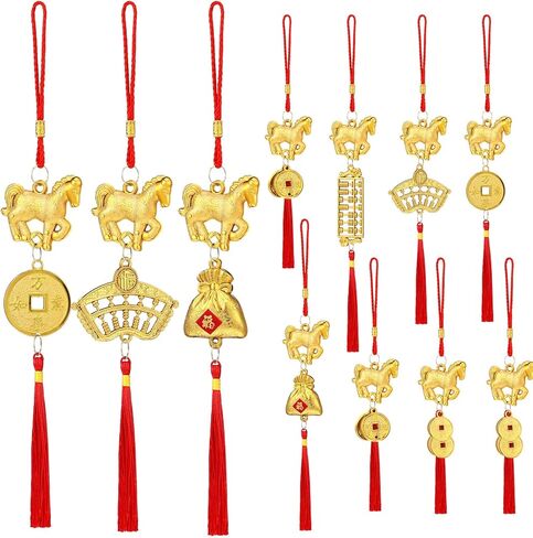 Geosar 12 Pcs Chinese New Year Decorations 2026 Horse Feng Shui Lucky Charms with Red Tassels & Chinese Coins Knots, Lunar New Year Ornaments for Wealth & Good Luck (Horse Copper Coins) in Saudi Arabia