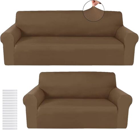 Peryiter 2 Pcs Sofa Covers Loveseat Couches Covers for Living Room Slipcover Set Furniture Protector for Couch Arm Chair, Form Fit Stretch, Wrinkle Proof(Chocolate,Milk Silk) in Saudi Arabia