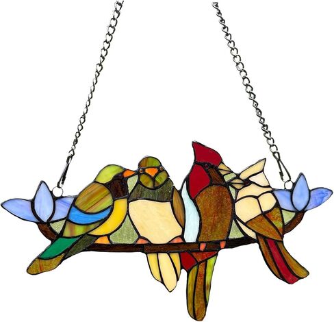 Tiffany Style Stained Glass Window Panel with Chain, 4 Birds Handcraft Stained Glass Window Hanging, Glass Ornaments Wall Décor Hanging Art,Length:16XHeight: 9 inches in Saudi Arabia