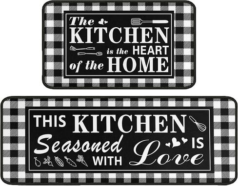 Buffalo Plaid Kitchen Rug 2 Pieces Set, Washable Non-Slip Kitchen Sink Decor Carpet, Home Black and White Cushioned Kitchen Floor Standing Mats 17"x47"+17"x30" in Saudi Arabia
