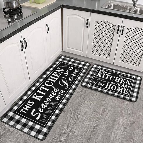 Buffalo Plaid Kitchen Rug 2 Pieces Set, Washable Non-Slip Kitchen Sink Decor Carpet, Home Black and White Cushioned Kitchen Floor Standing Mats 17"x47"+17"x30" in Saudi Arabia