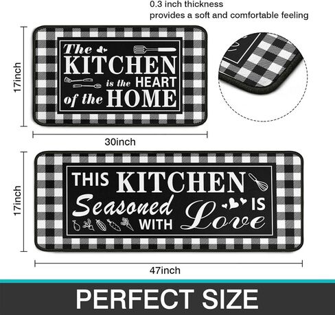 Buffalo Plaid Kitchen Rug 2 Pieces Set, Washable Non-Slip Kitchen Sink Decor Carpet, Home Black and White Cushioned Kitchen Floor Standing Mats 17"x47"+17"x30" in Saudi Arabia