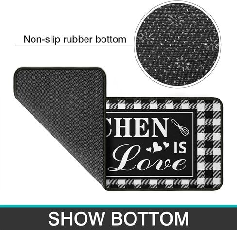 Buffalo Plaid Kitchen Rug 2 Pieces Set, Washable Non-Slip Kitchen Sink Decor Carpet, Home Black and White Cushioned Kitchen Floor Standing Mats 17"x47"+17"x30" in Saudi Arabia
