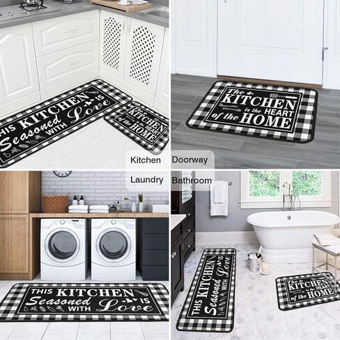 Buffalo Plaid Kitchen Rug 2 Pieces Set, Washable Non-Slip Kitchen Sink Decor Carpet, Home Black and White Cushioned Kitchen Floor Standing Mats 17"x47"+17"x30" in Saudi Arabia