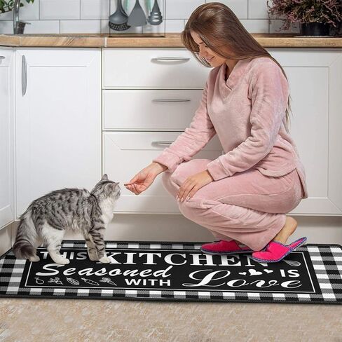 Buffalo Plaid Kitchen Rug 2 Pieces Set, Washable Non-Slip Kitchen Sink Decor Carpet, Home Black and White Cushioned Kitchen Floor Standing Mats 17"x47"+17"x30" in Saudi Arabia
