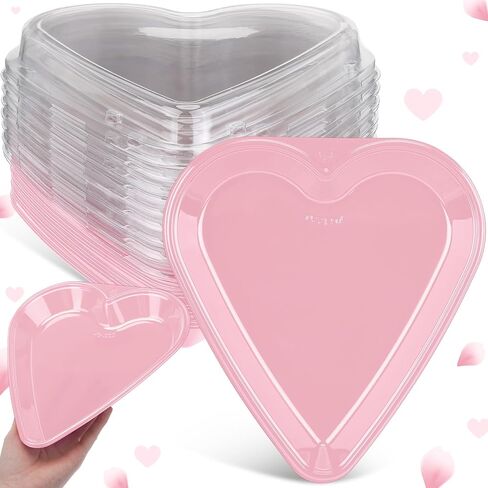 Macarrie Valentine's Heart Shaped Serving Tray Platter 20 oz Heart Plates with Clear Lids Heart Dessert Plates Snack Tray for Valentine Birthday Party Table Decoration (10, Pink) in Kuwait