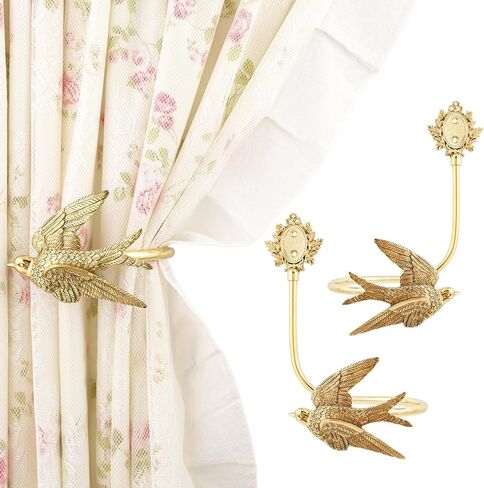 Solid Brass Bird Curtain Holdbacks, Hand-Forged Gold Wall Mounted Curtain Tiebacks with Swallow Design (A Pair of Swallows) in Kuwait