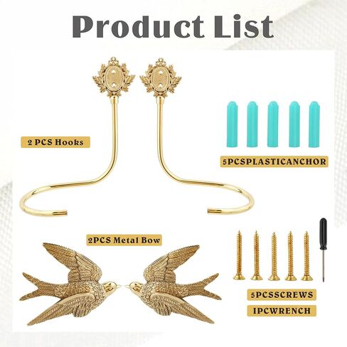 Solid Brass Bird Curtain Holdbacks, Hand-Forged Gold Wall Mounted Curtain Tiebacks with Swallow Design (A Pair of Swallows) in Kuwait