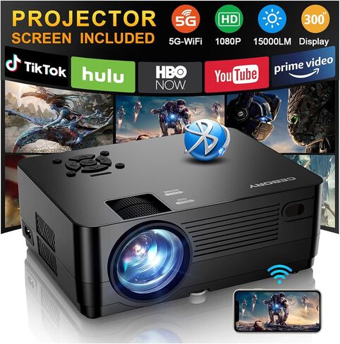 5G WiFi Bluetooth Native 1080P Projector[Projector Screen Included], CEBORY15000LM Full HD Movie Projector, 300" Display Support 4k Home Theater,Compatible with iOS/Android/XBox/PS4/TV Stick/HDMI in Saudi Arabia