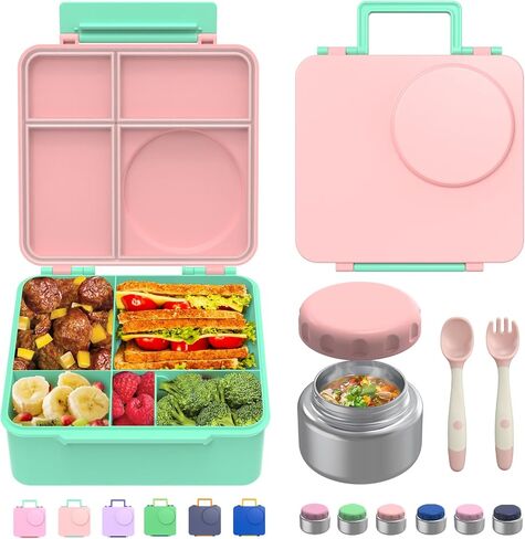 Bento Box for Kids - Leak-Proof Bento Lunch Box with Insulated Thermos Food Jar - 4 Compartments, 1 Removable Divider, 1Spoon, 1 Fork - Dishwasher Safe, BPA-Free (Green) in Saudi Arabia