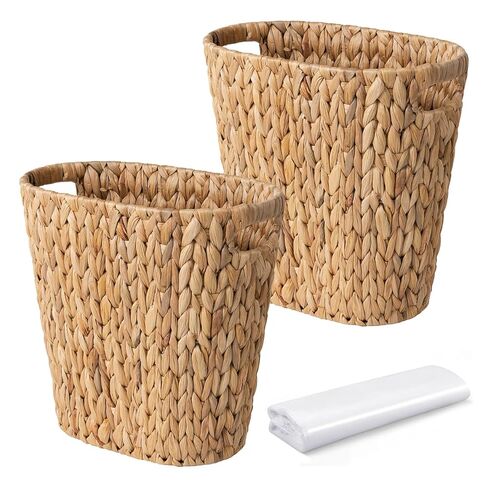 Handwoven Water Hyacinth Trash Can - Natural Wicker Waste Basket with Wooden Handles, Slim Oval Design for Bathroom, Bedroom, Office (13"x7.5"x12") | Eco-Friendly & Space-Saving Storage Bin (1) in Saudi Arabia
