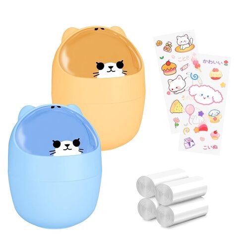 WCHOSOZH Small Desktop Trash Can with Swing Lid Set, 2 Cute Garbage Cans with 120pcs Garbage Bags and 2pcs Stickers, Countertop Kawaii Dustbin Storage Bin for Desk Bedroom(White-Pink) in Saudi Arabia