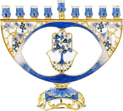 حامل شموع فني من شركة Dreidel مطلي يدويًا بدقة بمينا هانوكا همسة مينورا يناسب جميع شموع شانوكا القياسية - يبلغ ارتفاع مينورا 20.32 سم in Kuwait