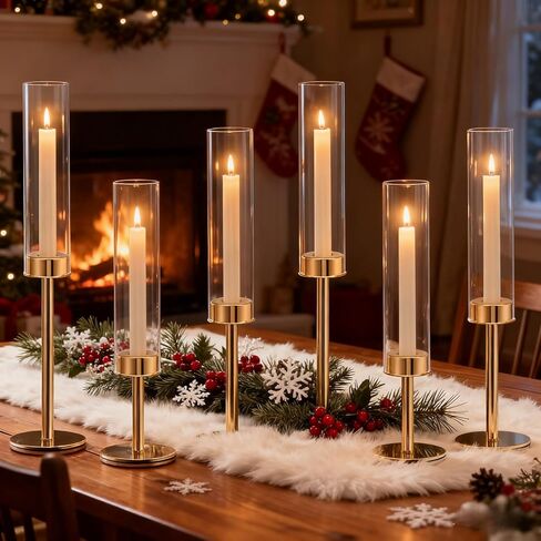 Gold Hurricane Candle Holders Set of 6, Tall Metal & Windproof Glass Taper Candle Holders, Outdoor/Indoor Table Centerpieces for Weddings, Christmas, Parties, Fireplace Decor in Saudi Arabia