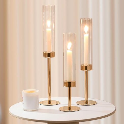 Gold Hurricane Candle Holders Set of 6, Tall Metal & Windproof Glass Taper Candle Holders, Outdoor/Indoor Table Centerpieces for Weddings, Christmas, Parties, Fireplace Decor in Saudi Arabia