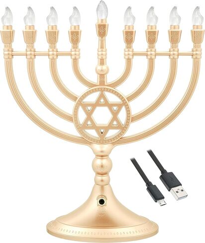 شركة Dreidel التقليدية LED الكهربائية الفضية المعدنية Hanukkah Menorah - الحجم الكامل 13 بوصة عالية 3 بطارية AA أو USB مدعوم - يتضمن كابل شحن USB صغير 4 بوصات in Kuwait