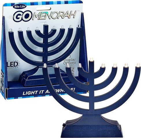 Rite Lite Go Menorah Mini Metallic Electric Menorah - LED Battery/USB Powered Chanukah Menorah Jewish Holiday - Office Car Home Decorations Judaica Hanukkah Gifts, Push Button Multi Light - Blue in Saudi Arabia