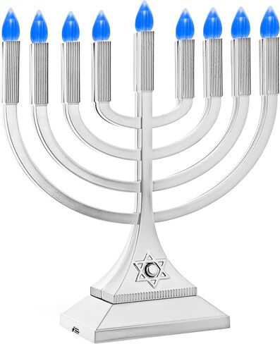 Zion Judaica 9 "LED Hanukkah Menorah بطارية فضية معدنية متوسطة الحجم أو USB C نوع تعمل بالطاقة عديمة اللهب Chanukkah Candleholder USB مصابيح Minorah الكهربائية أضواء الديكور Chanukah Hanukkiah in Kuwait