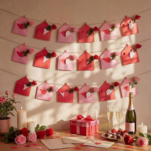 24 Sets Valentines Hanging Photo Display Room Wall Decor Heart Picture Frame Including 12 Pink and 12 Red Envelopes, 4 Strings with 30 Clips, 8 Self Adhesive Hooks, 48 Red Pink Heart in Saudi Arabia