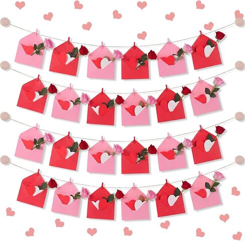 24 Sets Valentines Hanging Photo Display Room Wall Decor Heart Picture Frame Including 12 Pink and 12 Red Envelopes, 4 Strings with 30 Clips, 8 Self Adhesive Hooks, 48 Red Pink Heart in Saudi Arabia