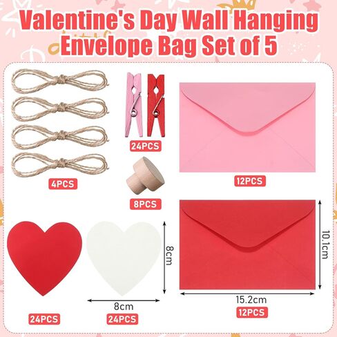 24 Sets Valentines Hanging Photo Display Room Wall Decor Heart Picture Frame Including 12 Pink and 12 Red Envelopes, 4 Strings with 30 Clips, 8 Self Adhesive Hooks, 48 Red Pink Heart in Saudi Arabia