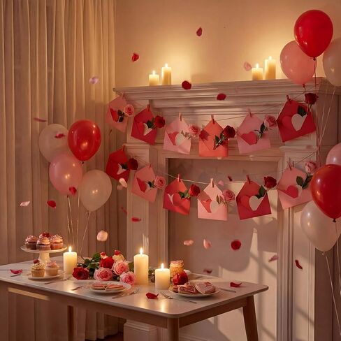 24 Sets Valentines Hanging Photo Display Room Wall Decor Heart Picture Frame Including 12 Pink and 12 Red Envelopes, 4 Strings with 30 Clips, 8 Self Adhesive Hooks, 48 Red Pink Heart in Saudi Arabia