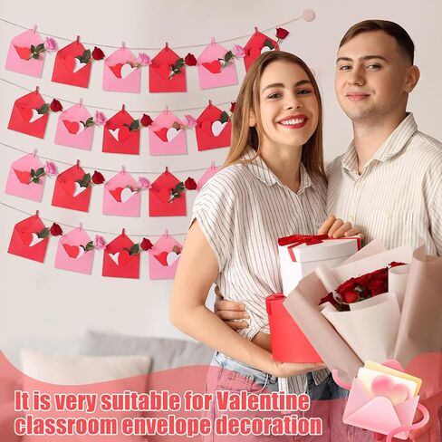 24 Sets Valentines Hanging Photo Display Room Wall Decor Heart Picture Frame Including 12 Pink and 12 Red Envelopes, 4 Strings with 30 Clips, 8 Self Adhesive Hooks, 48 Red Pink Heart in Saudi Arabia