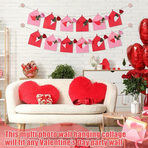 24 Sets Valentines Hanging Photo Display Room Wall Decor Heart Picture Frame Including 12 Pink and 12 Red Envelopes, 4 Strings with 30 Clips, 8 Self Adhesive Hooks, 48 Red Pink Heart in Saudi Arabia