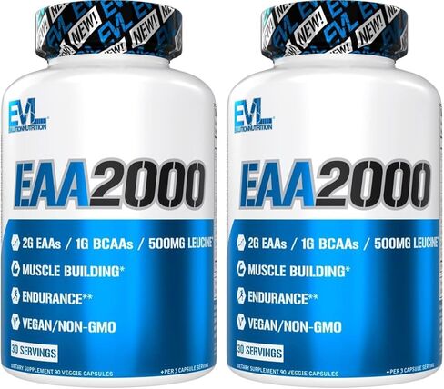 Evlution Nutrition EAA2000 - Pre & Post Workout Capsules - Muscle Building + Recovery Supplement - 2g Essential Amino Acids + 1g BCAAs - Endurance + Energy Support - 30 Servings in Kuwait