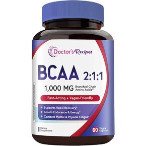 Doctor's Recipes 1000 مجم BCAA، نسبة 2:1:1، ل-ليوسين، ل-سوليوسين، ل-فالين، أحماض أمينية متفرعة السلسلة، انتعاش سريع، قدرة على التحمل، طاقة، نباتي، 60 كبسولة in Kuwait