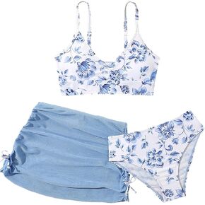 Girl's 3 Piece Floral Swimsuit Print Bikini Set High Elastic Waisted Breathable Soft Bathing Suit with Cover Up in Saudi Arabia