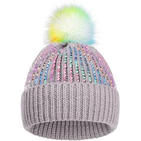 Kids Knit Winter Hats with Pompom for Ages 3-14 Girls Warm Snow Ski Cap with Sparkly Sequin or Pearl Rhinestones in Saudi Arabia