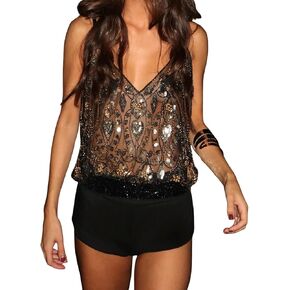 Women Sparkly Sequin Tank Top Beaded Sheer Mesh Cami V-Neck Rave Top in Saudi Arabia