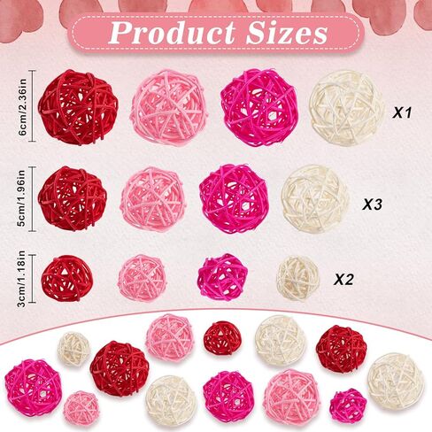 GuassLee 24Pcs Valentine's Day Decorative Rattan Balls, Pink Red Grey Wicker Balls Decorations for Valentine's Day Decor Centerpiece DIY Crafts Vase Bowl Orbs Filler Wedding Home Decor, 1.2"/2"/2.4" in Saudi Arabia