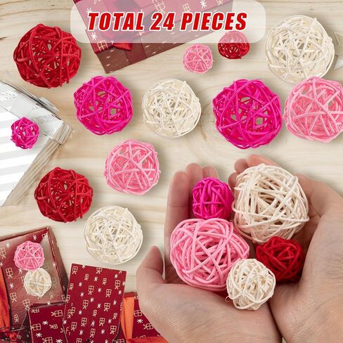 GuassLee 24Pcs Valentine's Day Decorative Rattan Balls, Pink Red Grey Wicker Balls Decorations for Valentine's Day Decor Centerpiece DIY Crafts Vase Bowl Orbs Filler Wedding Home Decor, 1.2"/2"/2.4" in Saudi Arabia