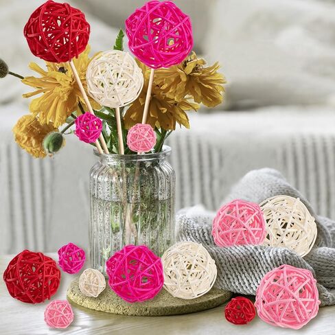 GuassLee 24Pcs Valentine's Day Decorative Rattan Balls, Pink Red Grey Wicker Balls Decorations for Valentine's Day Decor Centerpiece DIY Crafts Vase Bowl Orbs Filler Wedding Home Decor, 1.2"/2"/2.4" in Saudi Arabia