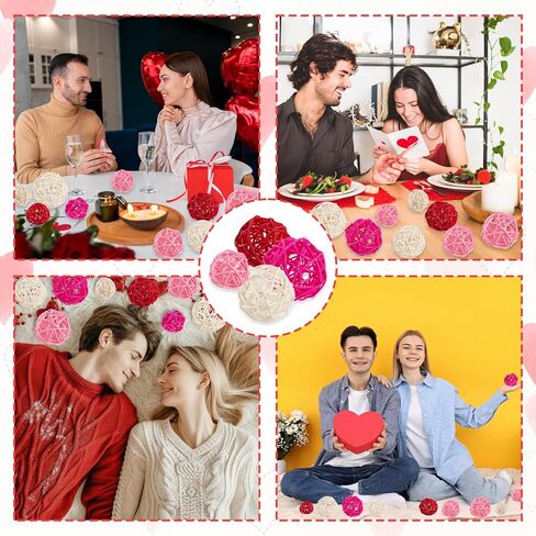 GuassLee 24Pcs Valentine's Day Decorative Rattan Balls, Pink Red Grey Wicker Balls Decorations for Valentine's Day Decor Centerpiece DIY Crafts Vase Bowl Orbs Filler Wedding Home Decor, 1.2"/2"/2.4" in Saudi Arabia