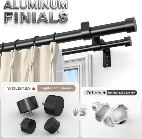 Black Double Curtain Rod, 36 to 72 Inch Dual Curtain Rods with Aluminium Modern End Cap Finials, 1 Inch Adjustable Heavy Duty Window Treatment Rods, Telescopic Metal Double Drapery Pole Set in Kuwait
