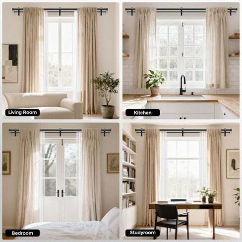 Black Double Curtain Rod, 36 to 72 Inch Dual Curtain Rods with Aluminium Modern End Cap Finials, 1 Inch Adjustable Heavy Duty Window Treatment Rods, Telescopic Metal Double Drapery Pole Set in Kuwait