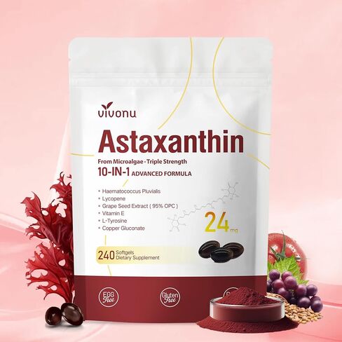 10 in 1 Astaxanthin Supplements 24mg, 4 Month Supply, Astaxantina Antioxidant from Fresh Haematococcus Pluvialis, Contains Lycopene, Grape Seed, Vitamin E, & More Supports Eye, Joints, Skin Health in Saudi Arabia