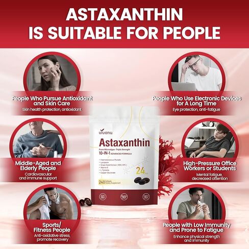 10 in 1 Astaxanthin Supplements 24mg, 4 Month Supply, Astaxantina Antioxidant from Fresh Haematococcus Pluvialis, Contains Lycopene, Grape Seed, Vitamin E, & More Supports Eye, Joints, Skin Health in Saudi Arabia