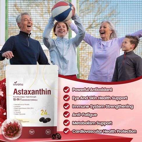 10 in 1 Astaxanthin Supplements 24mg, 4 Month Supply, Astaxantina Antioxidant from Fresh Haematococcus Pluvialis, Contains Lycopene, Grape Seed, Vitamin E, & More Supports Eye, Joints, Skin Health in Saudi Arabia