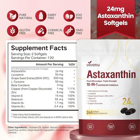 10 in 1 Astaxanthin Supplements 24mg, 4 Month Supply, Astaxantina Antioxidant from Fresh Haematococcus Pluvialis, Contains Lycopene, Grape Seed, Vitamin E, & More Supports Eye, Joints, Skin Health in Saudi Arabia