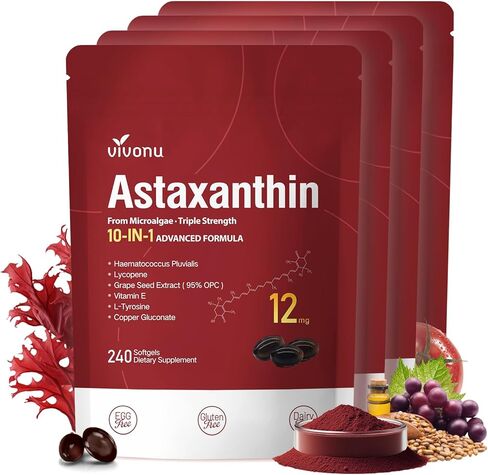 10 in 1 Astaxanthin Supplements 24mg, 4 Month Supply, Astaxantina Antioxidant from Fresh Haematococcus Pluvialis, Contains Lycopene, Grape Seed, Vitamin E, & More Supports Eye, Joints, Skin Health in Saudi Arabia