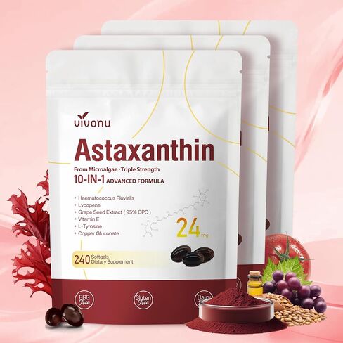 10 in 1 Astaxanthin Supplements 24mg, 4 Month Supply, Astaxantina Antioxidant from Fresh Haematococcus Pluvialis, Contains Lycopene, Grape Seed, Vitamin E, & More Supports Eye, Joints, Skin Health in Saudi Arabia