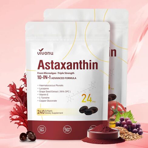 10 in 1 Astaxanthin Supplements 24mg, 4 Month Supply, Astaxantina Antioxidant from Fresh Haematococcus Pluvialis, Contains Lycopene, Grape Seed, Vitamin E, & More Supports Eye, Joints, Skin Health in Saudi Arabia