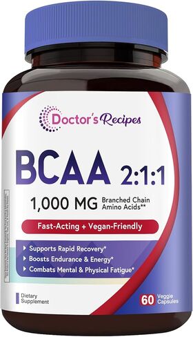 Doctor's Recipes 1000 مجم BCAA، نسبة 2:1:1، ل-ليوسين، ل-سوليوسين، ل-فالين، أحماض أمينية متفرعة السلسلة، انتعاش سريع، قدرة على التحمل، طاقة، نباتي، 60 كبسولة in Kuwait