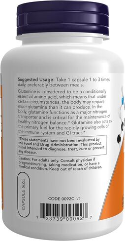 NOW Foods Supplements، ل-جلوتامين 500 مجم، ناقل النيتروجين*، حمض أميني، 120 كبسولة نباتية in Kuwait