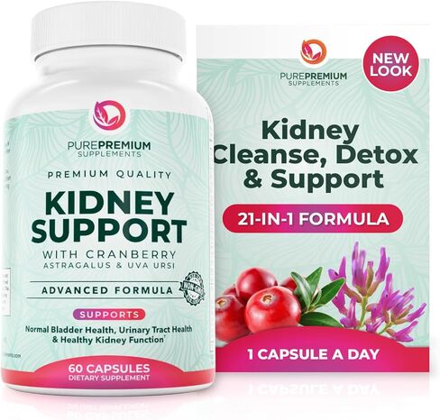 PurePremium Kidney Support Supplement – Kidney Cleanse Detox & Repair with Cranberry Extract & Astragalus - 21-in-1 Complex Supports Normal Bladder, Urinary Tract & Kidneys Health - 60 Day Supply in Saudi Arabia