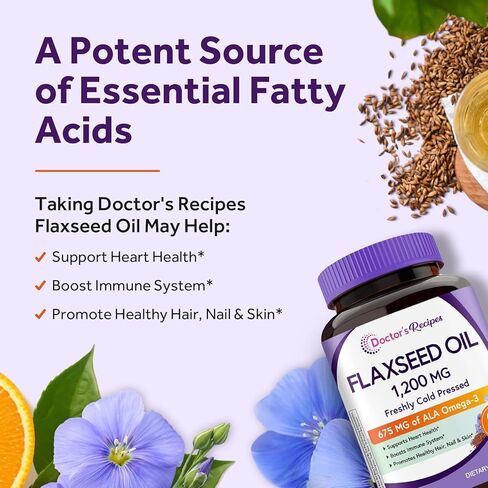 Doctor's Recipes Flaxseed Oil, 1200 mg, Freshly Cold Pressed, High in ALA, Omega 3 6 9, No Gluten, No Soy, for Heart Health, Non GMO, 60 Softgels in Saudi Arabia